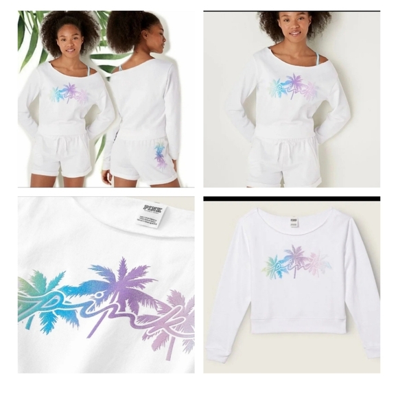 PINK Victoria's Secret Tops - PINK Victoria's Secret Sweatshirt - White with Pastel Palm Design